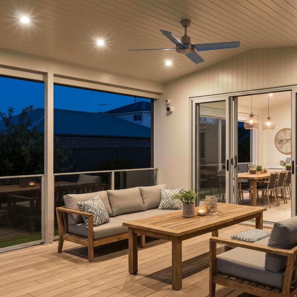 Outdoor alfresco with ceiling fan and pendant lighting