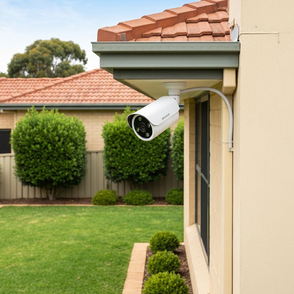 Security camera mounted on house exterior
